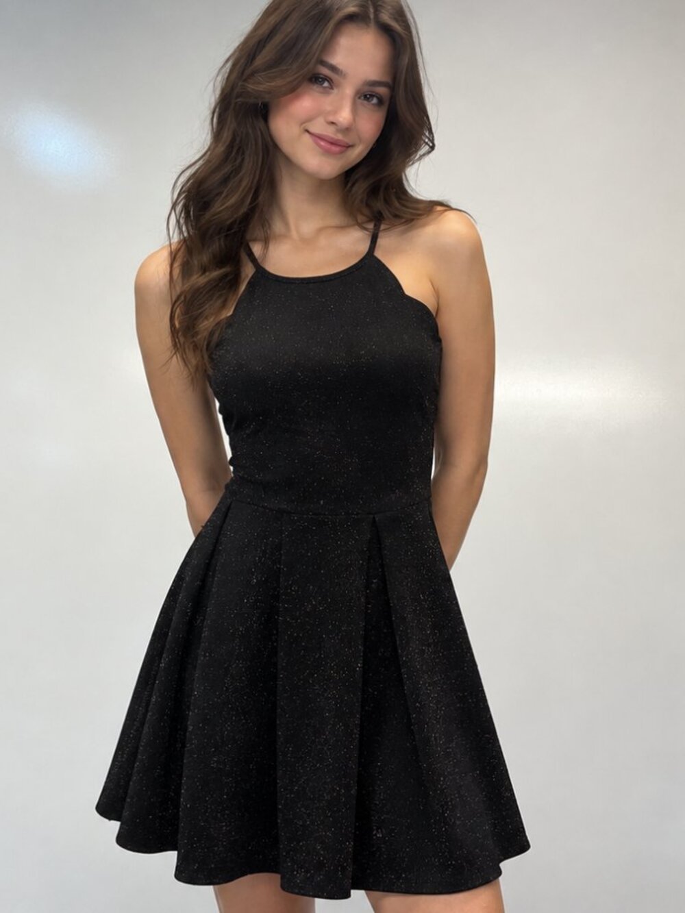 Monteau M Black Metallic Halter Fit Flare Mini Party Cocktail Dress